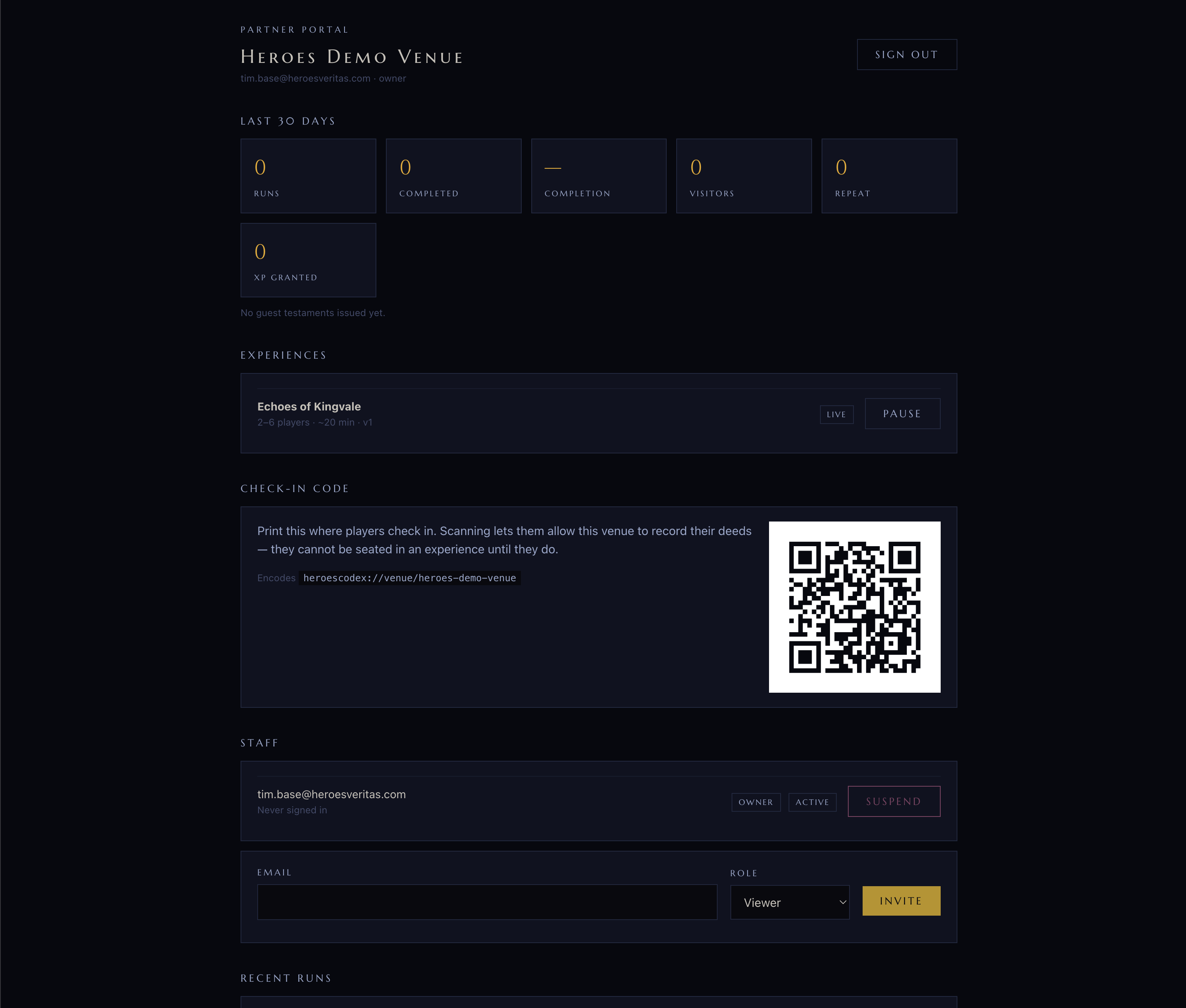 Heroes Experience Platform — Partner Portal Dashboard