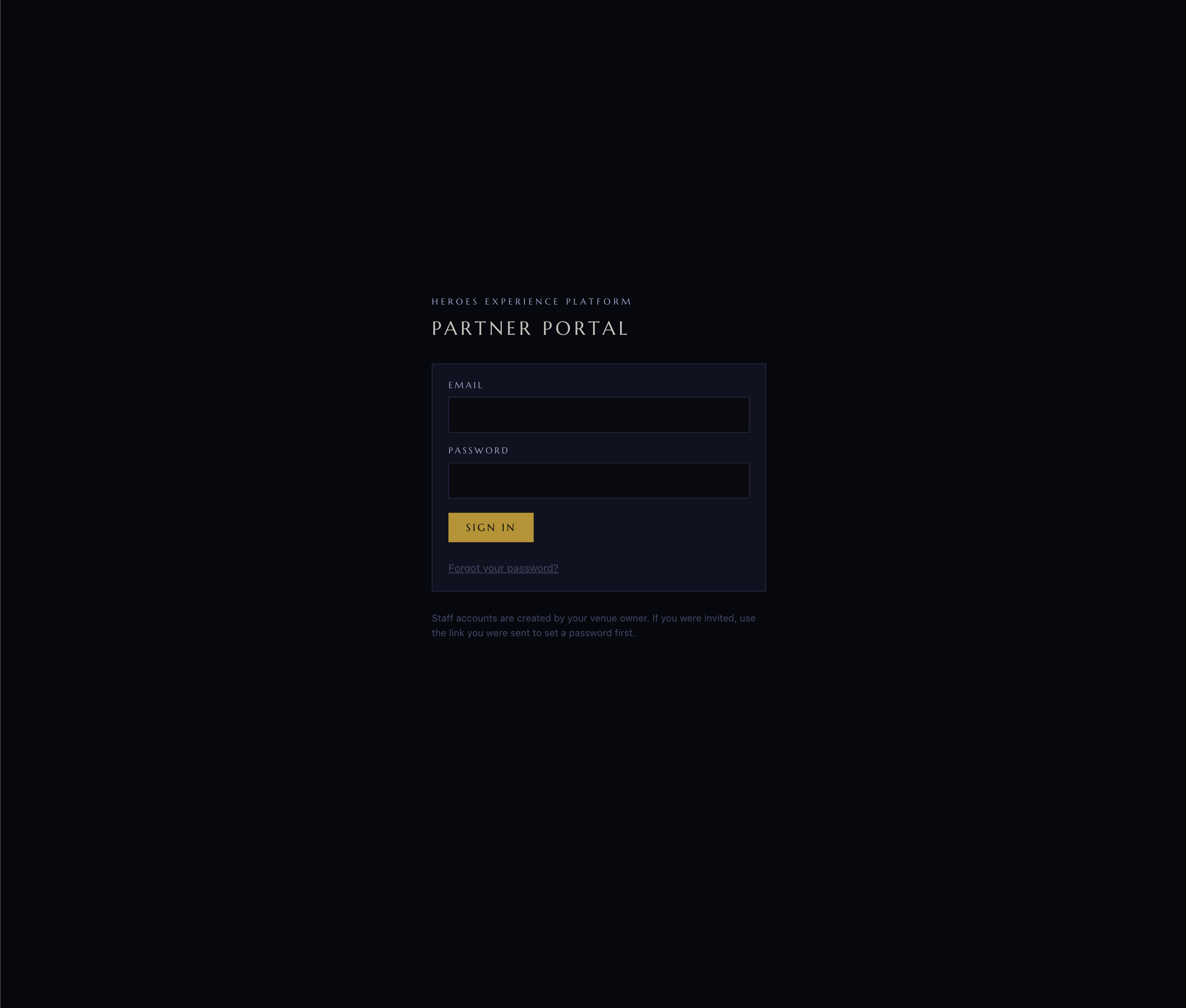 Heroes Experience Platform — Partner Portal Login