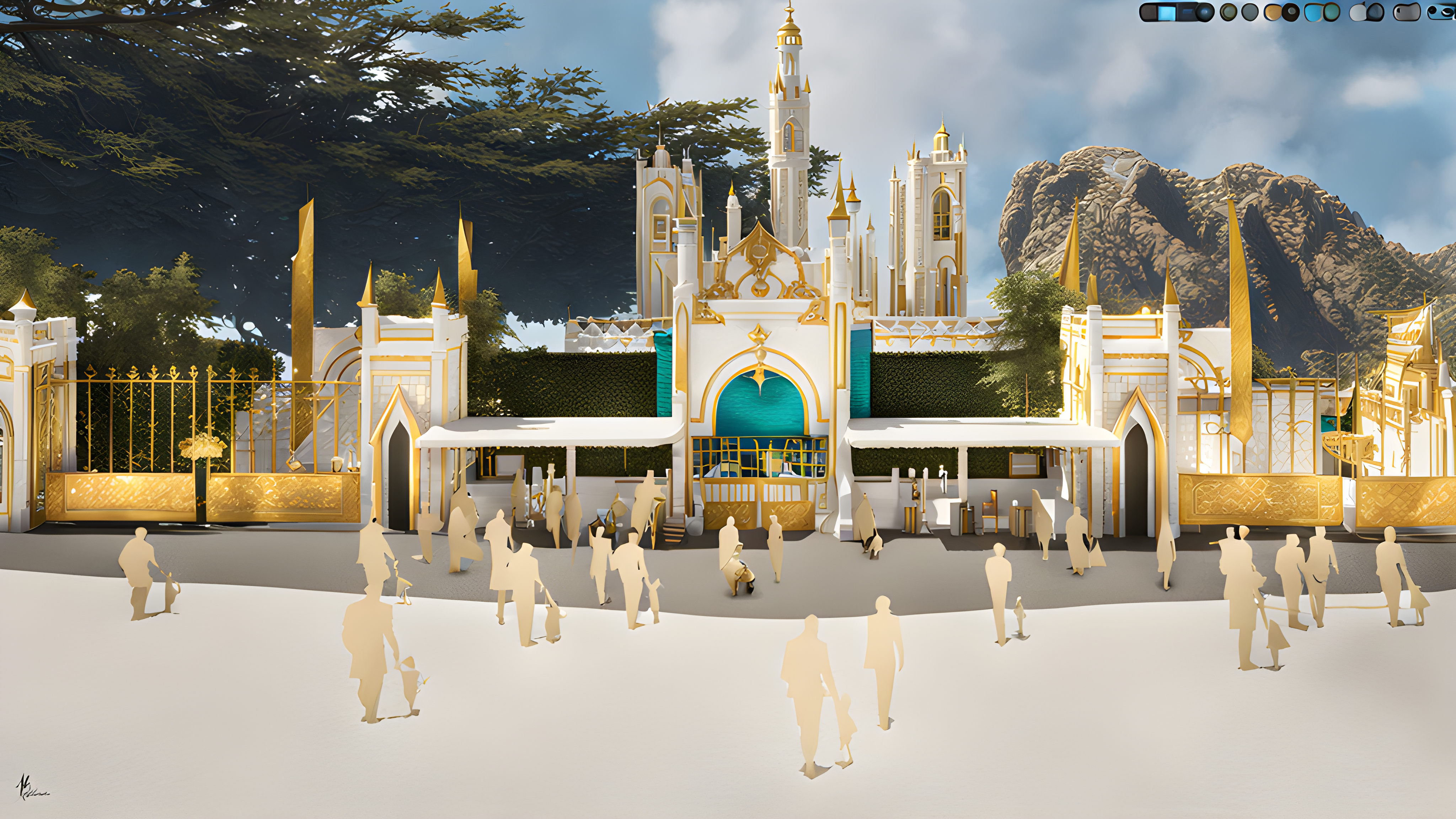 Heroes' Realms front gates with visitors